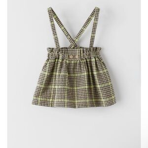 ZARA Black and Neon Green Plaid Suspender Skirt